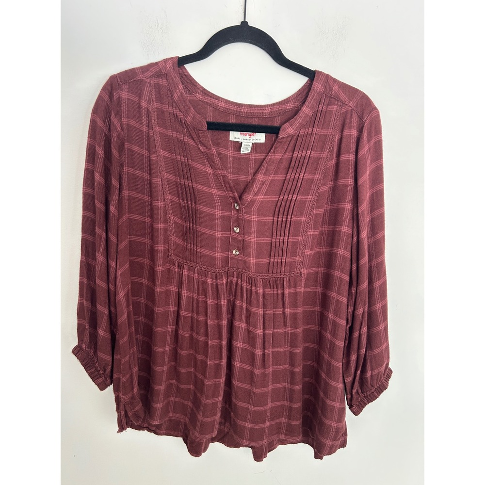 Wrangler Womens Burgundy Plaid Pintuck Boho Blouse 3/4 Sleeve Top Medium 1815407
